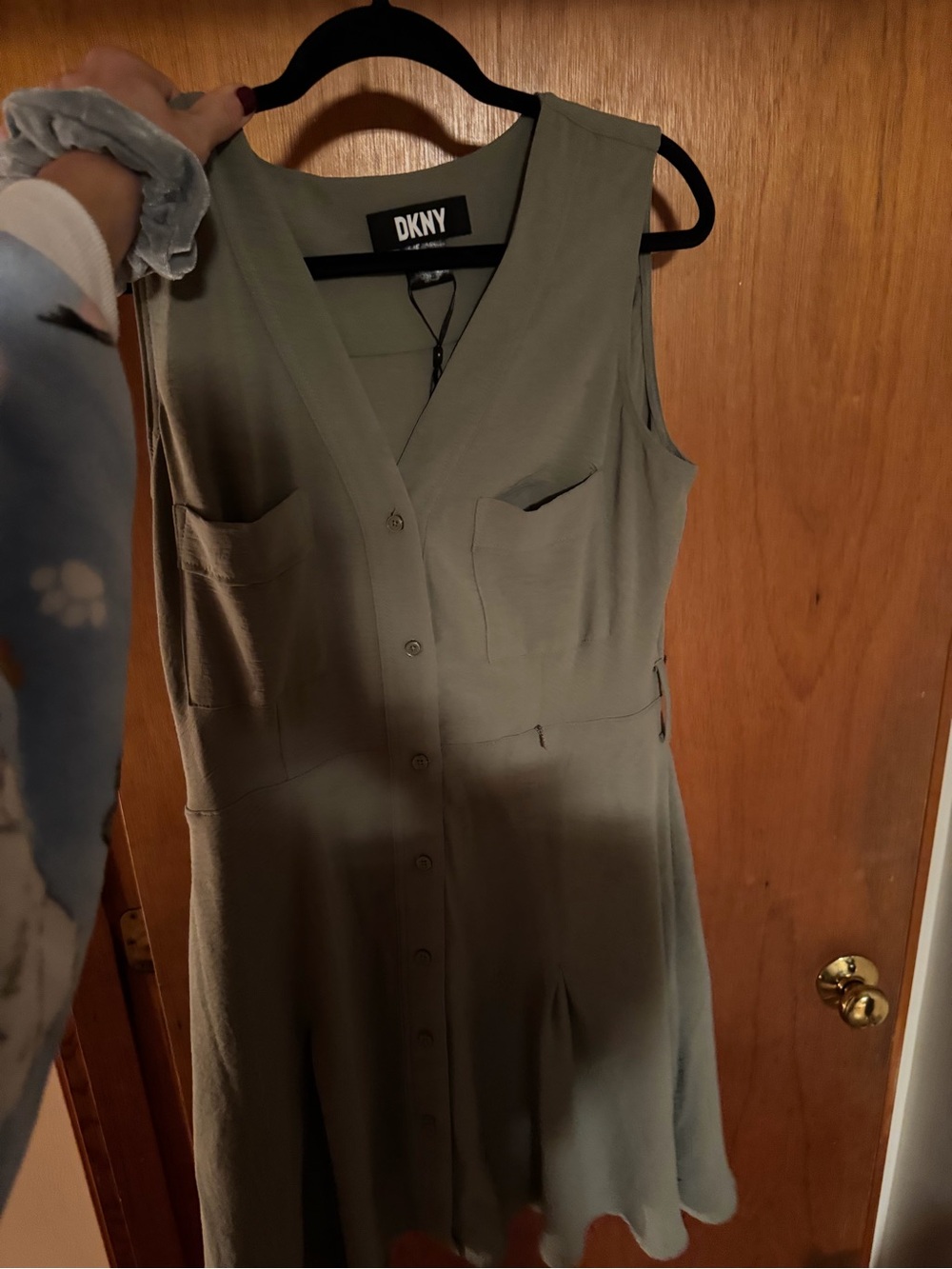 DKNY Olive Green Sleeveless Button-Front V-Neck Dress